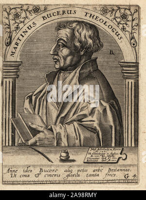 Martin Bucer o Martin Butzer, 1491-1551, Tedesco riformatore protestante. Martinus Bucerus Theologus. Incisione su rame di Johann Theodore de Bry da Jean-Jacques Boissard La Bibliotheca chalcographica, Johann Ammonius, Francoforte, 1650. Foto Stock