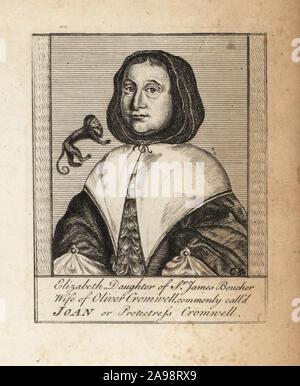 Elizabeth Cromwell, 1598-1665, moglie di Oliver Cromwell, figlia di Sir James Boucher. Comunemente chiamato Joan Cromwell o protettrice Cromwell. Con la scimmia che simboleggia l'eresia. Incisione su rame dopo un ritratto da Christopher Sharp, pubblicata a Londra, xix secolo. Foto Stock