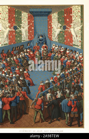 La versione di prova di Giovanni II, duca di Alencon, accusato di aver complottato con gli inglesi contro la Francia. Egli è portato da un macis portatore prima di Re Carlo VII a Lit de Justice de Vendome, 1458. Jugement de Jean, Duc d'Alencon. Chromolithograph dopo una miniatura di Jean Fouquet da Paul Lacroix's La Vie Militaire et Religieuse au Moyen Age et a l'Epoque de la Renaissance, militare e la vita religiosa del Medioevo e del Rinascimento, Parigi, 1873. Foto Stock