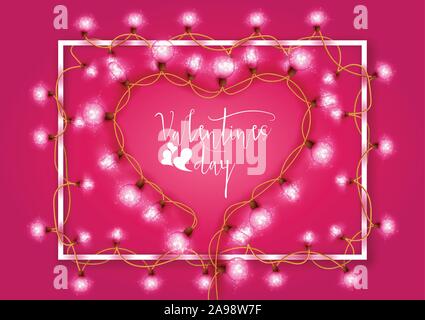 Felice il giorno di San Valentino con carta a forma di cuore le lampadine della luce su sfondo rosa. Holiday illuminato cornice fatta di filo di garland - illustratio vettore Illustrazione Vettoriale