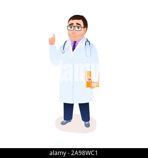 Cartoon di carattere medico in camice con stetoscopio, la ricerca medica cartella pollice in alto gesto. Adulto Giovane uomo sorridente. Isolato felice medico in Illustrazione Vettoriale