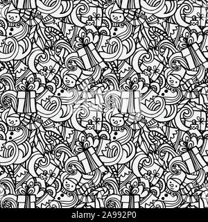 Natale seamless pattern. Disegnato a mano stile scarabocchi. Illustrazione Vettoriale