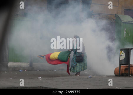 La Paz in Bolivia. Xiii Nov, 2019. Una donna indigena, chiedendo le dimissioni dell'attuale presidente ad interim Añiez, è in piedi con una bandiera in gas lacrimogeni fumo. Nel volto di dimostrazioni di massa e scontri violenti, il nuovo presidente ad interim della Bolivia, Anez, ha invitato i suoi concittadini a unirsi. Credito: Gaston Brito//dpa/Alamy Live News Foto Stock