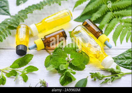 Oli essenziali naturali su legno e foglia di menta organic / aromaterapia olio a base di erbe aroma di bottiglie con fiore foglie di felce formulazioni a base di erbe comprendente w Foto Stock