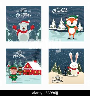 Felice Natale allegro card con personaggi deliziosi Illustrazione Vettoriale