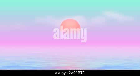 Sun sul mare con sun road e vaporwave 90s blu in stile e colori rosa Illustrazione Vettoriale