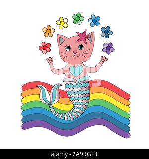 Cat mermaid illustrazione vettoriale. Simpatico personaggio con regioni: arcobaleno fiori. Disegnata a mano cartoon unico sfondo pet. Illustrazione Vettoriale