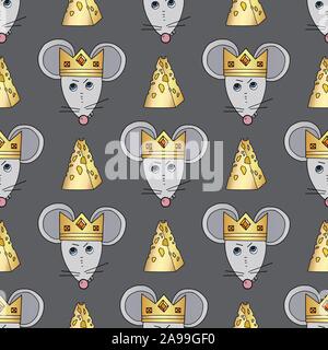 Carattere di ratto vector seamless pattern. Mouse animale con formaggio e texture di corona. Felice anno nuovo simbolo del 2020. Disegnata a mano Cartoon carino animali domestici packgro Illustrazione Vettoriale