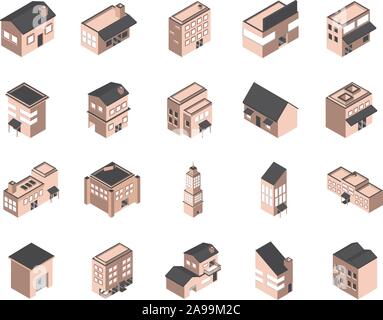 Edificio di stile isometrica Icone imposta illustrazione vettoriale Illustrazione Vettoriale