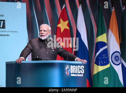 Brasilia, Brasile. Xiii Nov, 2019. Primo Ministro indiano Narendra Modi parla alla cerimonia di chiusura del BRICS business forum di Brasilia, Brasile, nov. 13, 2019. Credit: Lan Hongguang/Xinhua/Alamy Live News Foto Stock