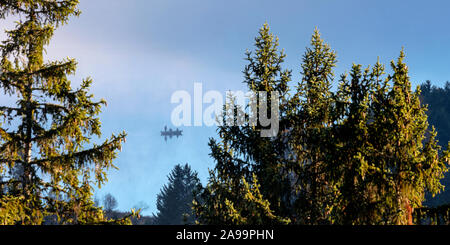 Pescatore di mattina presto con la nebbia nella luce del mattino sul lago Titisee, Titisee-Neustadt, Foresta Nera, GermaniaBaden-Wuerttemberg, Foto Stock