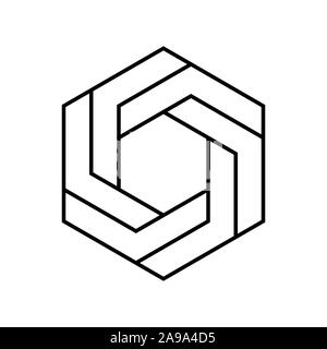 Impossibile firmare esagonale. Illusione ottica. Sei lineare facciata poligono. Simbolo astratto di impossibile geometria su sfondo bianco.Unreal forma geometrica Illustrazione Vettoriale