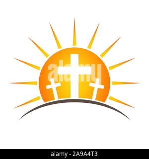 Una croce cristiana su un sfondo di sun. Illustrazione Vettoriale. Logo della chiesa. Christian icona a forma di croce Illustrazione Vettoriale