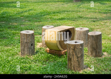 Svuotare le panchine di legno da un tronco di albero del sedile e le gambe su di una radura con erba verde. Foto Stock