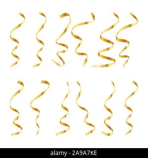 Serpentina di oro o di coriandoli, isolati su sfondo bianco. Illustrazione Vettoriale. Set di festosa serpentina a nastro. Illustrazione Vettoriale