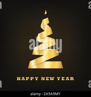 Golden albero di Natale su sfondo scuro. Illustrazione Vettoriale. Albero di Natale fatto di nastro d'oro Illustrazione Vettoriale