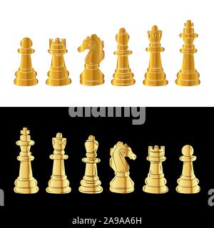 Set di oro figure di scacchi. Illustrazione Vettoriale. Golden pezzi di scacchi su bianco e sfondo nero Illustrazione Vettoriale