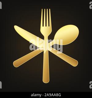 Oro attraversato coltello, forchetta e cucchiaio. Illustrazione Vettoriale. Ristorante originale simbolo su sfondo scuro. Illustrazione Vettoriale