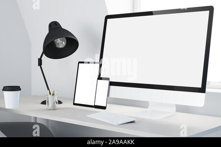 Desktop minimale con dispositivi sensibili mockup rendering 3D Foto Stock
