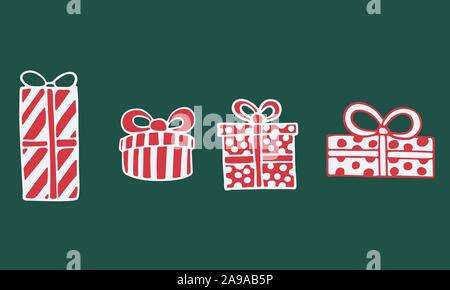 Vettore disegnati a mano doodle illustrazione del regalo di Natale scatole set. Nuovo Anno e i regali di Natale in linea e a strisce di carta di avvolgimento con un inchino. De Illustrazione Vettoriale