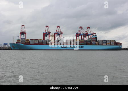 Container MATZ MAERSK ormeggiato a Jade-Weser-Port, Wilhelmshaven Foto Stock