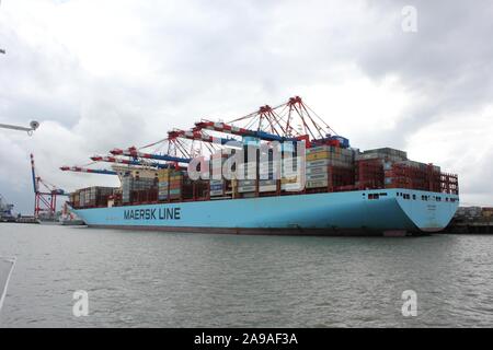 Container MATZ MAERSK ormeggiato a Jade-Weser-Port, Wilhelmshaven Foto Stock