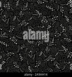 Abstract HWhite Doodle Natale fogliame, Santo bacche, vischio, Abete e rami di pino su sfondo nero Vector Seamless Pattern. Monocromatico Illustrazione Vettoriale