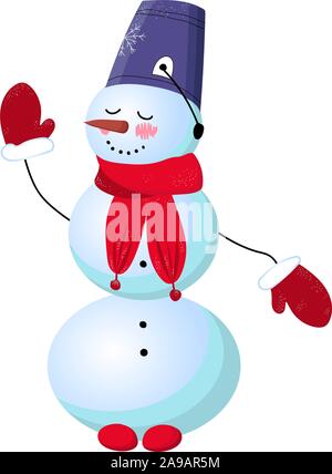 Carino pupazzo di neve su uno sfondo bianco. Illustrazione Vettoriale. Carattere d'inverno. Donna di neve. Naso carota.. Illustrazione Vettoriale