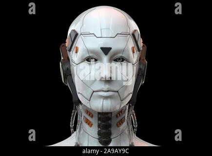 Robot donna, sci-fi androide femmina intelligenza artificiale 3d rendering sullo sfondo Foto Stock