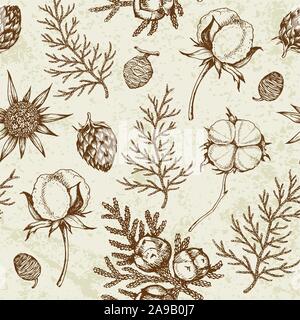 Vintage inverno seamless pattern con piante sempreverdi e fiori di cotone. Sfondo decorativo per il Natale e il nuovo anno. Disegnato a mano disegno vettoriale. Illustrazione Vettoriale