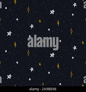 Star sky seamless pattern vettore lo sfondo è blu e oro in forme disegnate a mano stile. Illustrazione Vettoriale