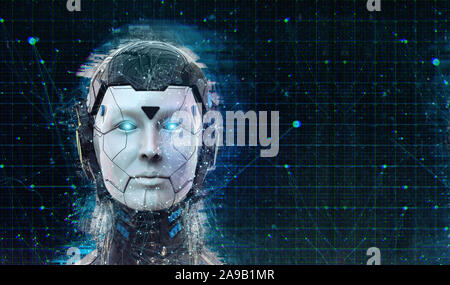 La tecnologia Robot sci-fi Cyborg donna android sfondo : umanoidi intelligenza artificiale wallpaper-3D render Foto Stock