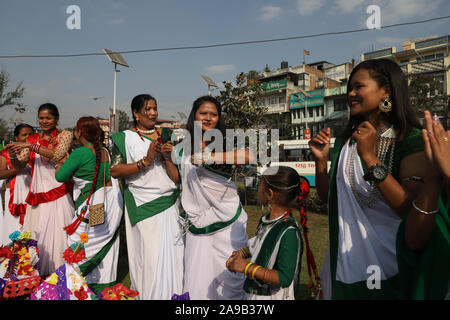 Kathmandu, Nepal. Xiii Nov, 2019. Di etnia nepalese Tharu comunità donne eseguendo danze tradizionali e cantare durante Sama Chakeva festival in Kathmandu, Nepal Mercoledì, Novembre 13, 2019. Sama Chakeva è un serate dei indù, provenienti dalla regione di Mithila. Si tratta di un festival di fratello e sorella. (Foto di Subash Shrestha che/Pacific Stampa) Credito: Pacific Press Agency/Alamy Live News Foto Stock