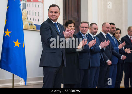 Varsavia, Polonia. Xiv Nov, 2019. Presidente Andrzej Duda applaude durante la cerimonia di designazione. Credito: SOPA Immagini limitata/Alamy Live News Foto Stock