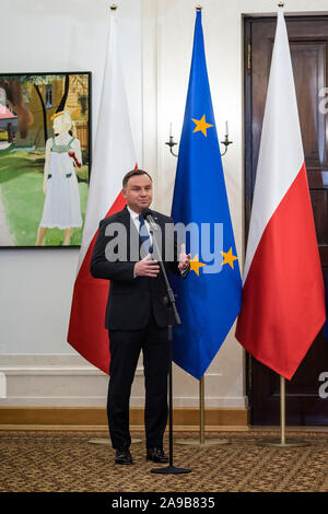 Varsavia, Polonia. Xiv Nov, 2019. Presidente Andrzej Duda parla durante la cerimonia di designazione. Credito: SOPA Immagini limitata/Alamy Live News Foto Stock