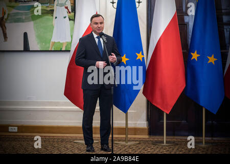 Varsavia, Polonia. Xiv Nov, 2019. Presidente Andrzej Duda parla durante la cerimonia di designazione. Credito: SOPA Immagini limitata/Alamy Live News Foto Stock