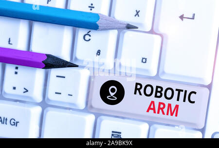 Segno di testo che mostra il braccio robotico. Business photo testo programmabile braccio meccanico con funzione simile di un braccio huanalysis Foto Stock