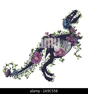 Silhouette di un Tirannosauro Rex skeleton con Fiori su fondo bianco. Illustrazione Vettoriale