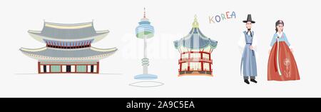 Set di doodle piatta illustrazione vettoriale della pagoda di Gyeongbokgung Palace, la Torre di Seoul, matura in tradizionali abiti coreani Illustrazione Vettoriale