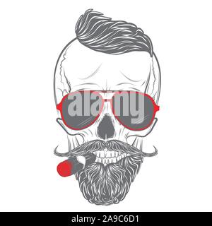 Hipster cranio in bicchieri con i baffi e barba e sigari. Stampa del cranio, cranio illustrazione isolati su sfondo bianco. Illustrazione Vettoriale