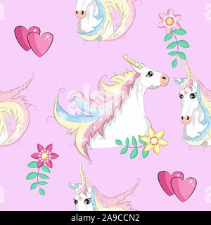 Carino unicorns seamless pattern. I bambini con pattern unicorns, fiori, palloncini, nuvole e rainbow Illustrazione Vettoriale