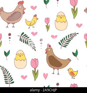 Pasqua Handdrawn seamless pattern con pollo e gallina , illustrazione vettoriale Illustrazione Vettoriale