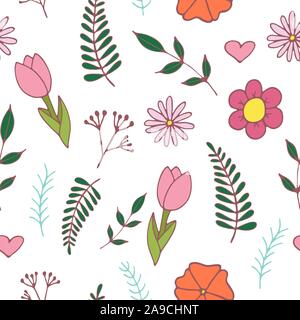 Handdrawn primavera seamless pattern con foglie e fiori , illustrazione vettoriale Illustrazione Vettoriale