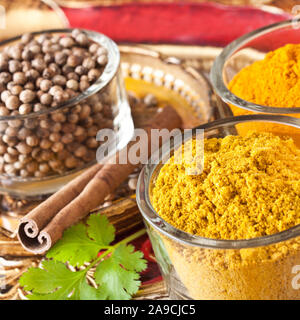 Spezie curcuma, curry e coriandolo Foto Stock