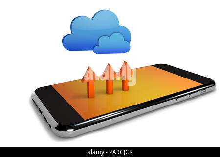 Il cloud computing concetto. Il cloud computing con il telefono cellulare. 3D render su bianco Foto Stock