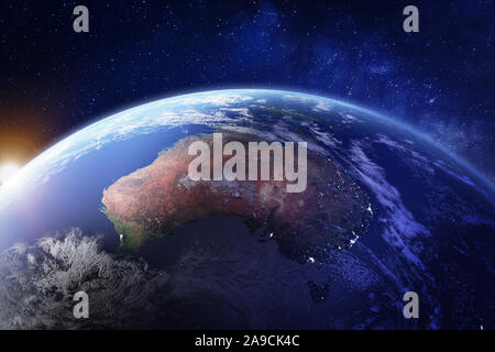 Australia dallo spazio durante la notte con le luci della città di Sydney, Melbourne e Brisbane, vista di Oceania, deserto australiano, la tecnologia della comunicazione e 3d ren Foto Stock