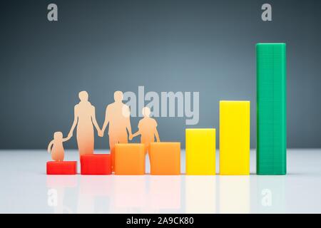 Famiglia di carta ritagliata dietro il colorato Efficienza Energetica Grafico sulla scrivania contro uno sfondo grigio Foto Stock