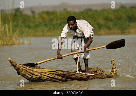 Giovane uomo in piedi e pagaiando sul suo tankwa, Lago Tana, Etiopia Foto Stock