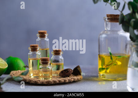 Set di bottiglie in vetro con eucalipto olio essenziale sulla tabella grigia foglie in vaso Foto Stock