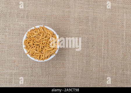 Piatto di Mealworms commestibili / Tenebrio molitor - sul sacco di Hesse. Concetto entomofagia, insetti commestibili, insetto superfoods, insetto spuntini, insetti come cibo. Foto Stock